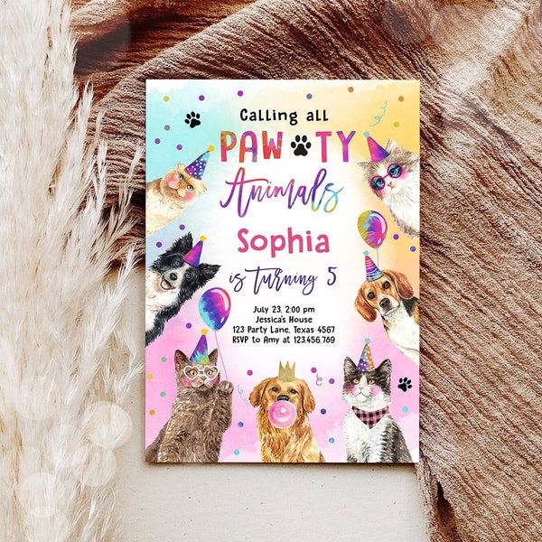 Editable Cats and Dogs Birthday Invitation Pawty Birthday Party Invite Girl Kitten Puppy Party Animal Download Printable Template Corjl 0460