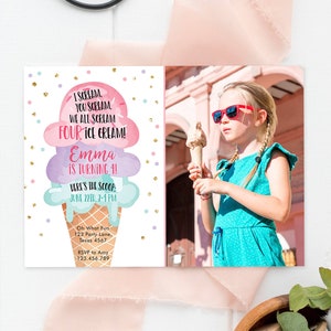 Editable Ice Cream I Scream Birthday Invitation Four Birthday Party 4th Here's the Scoop Cone Pink Mint Gold Purple Corjl Template 0243