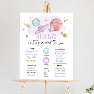 Editable Outer Space Birthday Milestones Sign First Trip Around the Sun Girl Birthday Purple Galaxy Planets Template Printable Corjl 0357