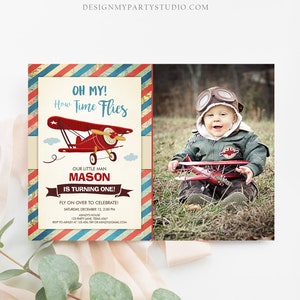 Editable Airplane Birthday Invitation Oh My Time Flies Red Airplane First Birthday Plane Sky Photo Download Printable Corjl Template 0011