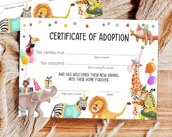 Adopt an Animal Adoption Certificate Safari Adoption Wild One Birthday Party Animals Birthday Instant Download Digital PRINTABLE 0482