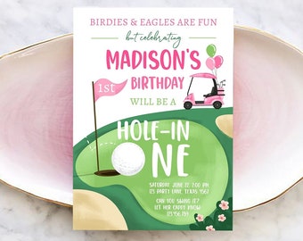 Editable Hole in One Birthday Invitation Golf First Birthday Par-tee Golf Invite Girl Golfing Download Printable Template Digital Corjl 0405