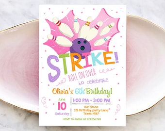 Editable Bowling Birthday Invitation Girl Pink Purple Bowling Party Strike Kids Instant Download Printable Invitation Template Corjl 0081