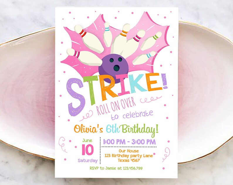 Editable Bowling Birthday Invitation Girl Pink Purple Bowling Party Strike Kids Instant Download Printable Invitation