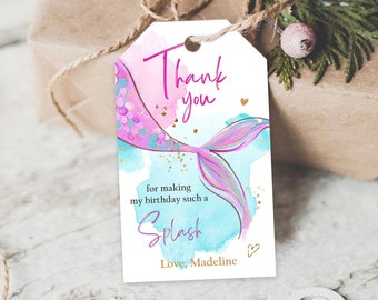 Editable Mermaid Birthday Favor Tags Under The Sea Thank you tags Mermaid Party Girl Pink Purple Gold Download Template Corjl PRINTABLE 0403