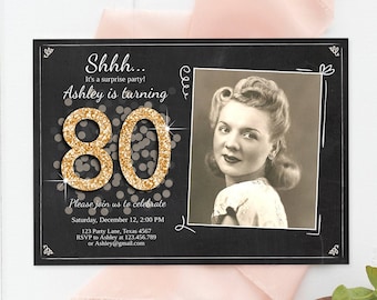 Bearbeitbar ANY AGE Überraschung Geburtstagseinladung Erwachsener 80er Party Rustikal Kreide Schwarz Gold Glitter Foto Download Druckbare Corjl Vorlage 0103