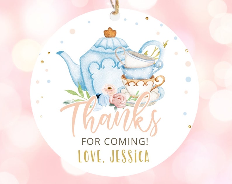 Editable Tea Party Favor Tag Sticker Baby Shower Baby is Brewing Floral Blue Gold Whimsical Girl Square Round Template Corjl
