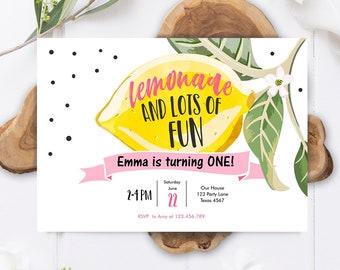 Editable Lemon Birthday Invitation Sunshine Lemonade and Fun Girl First Birthday Party Pink Sweet 1st Citrus Corjl Template Printable 0307