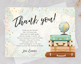 Editable Travel Thank You Card Bridal Shower Thank You Note Adventure Birthday Baby Shower Suitcases Vintage World Map Corjl Template 0263