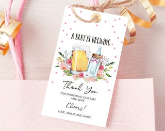 Editable A Baby is Brewing Baby Shower Favor Tags Beer Baby Shower Thank You Tags Label Pink Girl Tags Gift  Template Corjl  Printable 0190