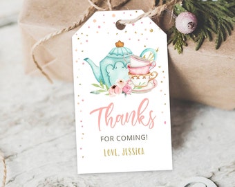 Editable Tea for Two Favor Tags Tea Birthday Thank You Tags Tea-rrific Tea Party Garden Floral  Tea pot Gift Tag Digital Corjl Template 0349