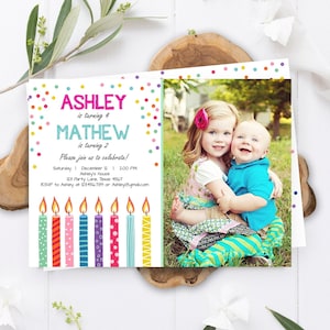 Editable Joint Twin Birthday Invitation Twins Confetti Siblings Birthday Party Boy Girl Download Printable Template Digital Corjl 0277