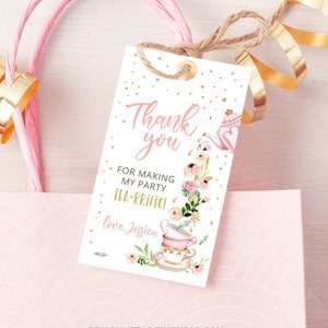 Editable Tea for Two Favor Tags Tea Birthday Thank You Tags Tea-rrific Tea Party Garden Floral Pink Pot Gift Tag Digital Corjl Template 0349