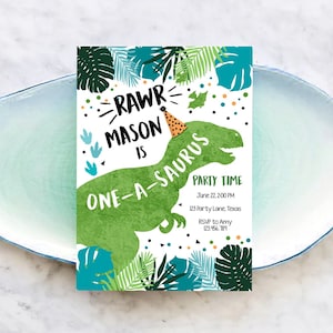 Editable One-A-Saurus Dinosaur Birthday Invitation Dino T-Rex Boy First Birthday 1st RAWR ROAR Green Blue Prehistoric Corjl Template 0389