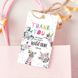 Editable Party Animals Favor Tags Wild One Animals Thank You Tags Safari Zoo Girl Birthday Wild Time Gift Tag Digital Corjl Template 0390