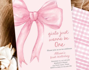 Convite de Aniversário Editável "Girls Just Wanna Be One" com Laço Rosa para o Primeiro Aniversário, Modelo Preppy Coquette para Download Digital e Impressão (0527)