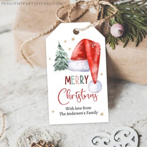 Bearbeitbare Weihnachtsgeschenkanhänger Urlaub Geschenkanhänger Frohe Weihnachten Nikolausmütze Elf Urlaub Etiketten Laden Sie die druckbare Vorlage Corjl 0443 0444 herunter