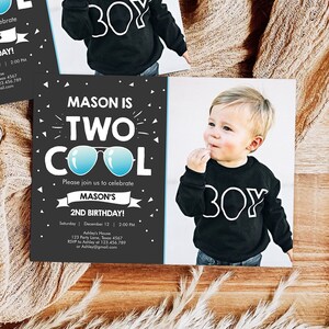 Editable Two Cool Birthday Invitation Boy Second Birthday Party 2nd I'm Two Cool Pilot Sunglasses Chalk Photo Printable Corjl Template 0136