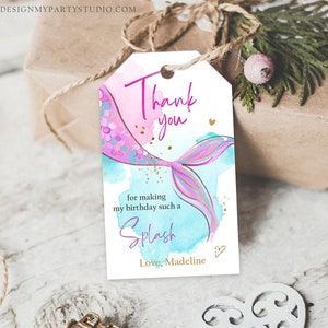 Editable Mermaid Birthday Favor Tags Under The Sea Thank you tags Mermaid Party Girl Pink Purple Gold Download Template Corjl PRINTABLE 0403 image 1