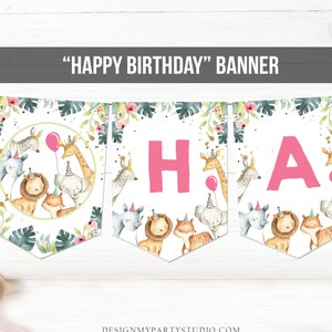 Happy Birthday Banner Safari Animals Pink Gold Party Animals Wild One Birthday Girl Zoo Decorations Instant Digital Download Printbable 0163