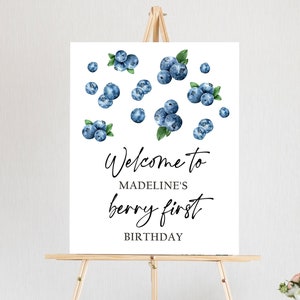 Editable Berry First Birthday Welcome Sign Blueberries Blueberry Party Welcome Farmers Market Boy Watercolor Template PRINTABLE Corjl 0399