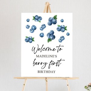 Bewerkbare Berry eerste verjaardag welkomstbord bosbessen bosbessen partij welkom boerenmarkt jongen aquarel sjabloon AFDRUKBARE Corjl 0399