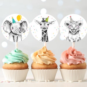 Partytiere Cupcake Toppers Aufkleber Favor Tag Geburtstag Party Dekoration Safari Tiere Zoo Wild One Download Digital Printable 0390
