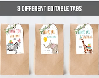 Editable Party Animals Favor Tag Wild One Safari Animals Thank You Zoo Birthday Wild Time Gift Tag Digital Template Printable 0142