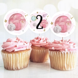 Outer Space Birthday Cupcake Toppers Second Birthday Trip Around the Sun Favor Tags Space Planets Galaxy Girl Pink Digital Printable 0357
