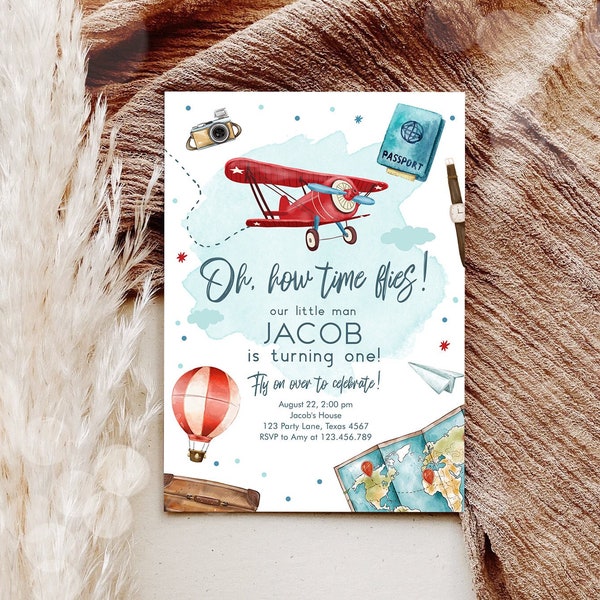 Editable Airplane Birthday Invitation Oh My Time Flies Red Airplane First Birthday Travel 1st Instant Download Printable Corjl Template 0468