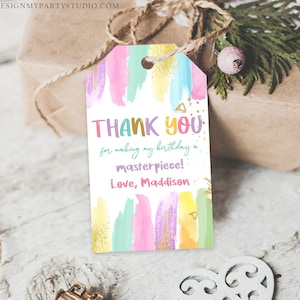 Editable Art Party Favor Tags Painting Party Thank You Tag Gift Tag Art Birthday Girl Pink Craft Paint Brush Corjl Template Printable 0450