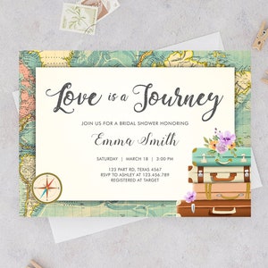 Editable Love is a Journey Bridal Shower Invitation World Map Suitcase Vintage Adventure Purple Lilac Floral Template Corjl Printable 0044 image 1