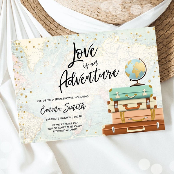 Editable Love is an Adventure Bridal Shower Invitation Traveling to Mrs Travel Confetti Pink Floral Suitcases Download Corjl Template 0263