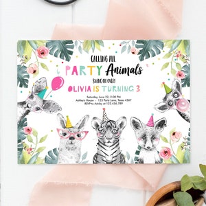 Invitación de cumpleaños editable con animales de fiesta Invitación con animales salvajes exóticos Animales de safari del zoológico Niña Descargar plantilla imprimible Corjl 0322