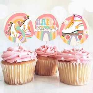 Roller Skate Cupcake Toppers Skate Birthday Favor Tag Retro Daisy Roller Rink Party Decor Sticker Skating Digital Download Printable 0435