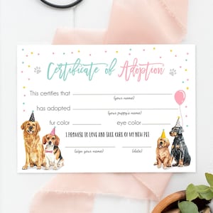 Pet Adoption Certificate Puppy Adoption Dog Birthday Party Adopt A Pet Girl Pink Vet Puppy Adoption Instant Download Digital PRINTABLE 0384