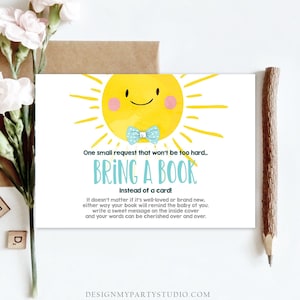 Carte Apportez un livre pour une fête prénatale modifiable Un rayon de soleil Petit soleil bleu Livres pour bébé Demande de livre Modèle Corjl imprimable 0141