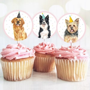 Hündchen Cupcake Toppers Welpen Favor Tags Welpen Geburtstag Hund rosa Mädchen Haustier Geburtstagsparty Welpen Welpen Dekor Download Digital Printable 0384