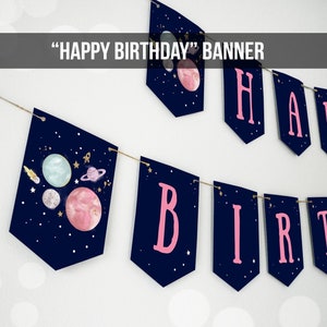 Happy Birthday Banner Outer Space Planets Banner Girl Galaxy First Birthday Decorations Rocket Instant Digital Download Printable 0357