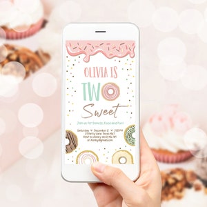 Editable Donut Two Sweet Birthday Invitation Second Birthday Party Pink Girl Doughnut 2nd Digital Download Phone Evite Electronic Corjl 0320