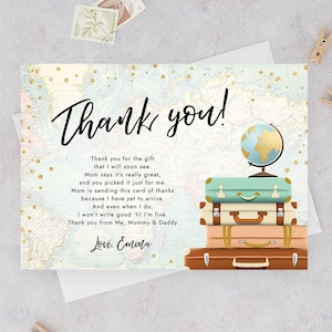 Bearbeitbare Reise Dankeskarte Brautparty Dankeschön Abenteuer Geburtstag Baby Shower Koffer Vintage Weltkarte Corjl Vorlage 0263