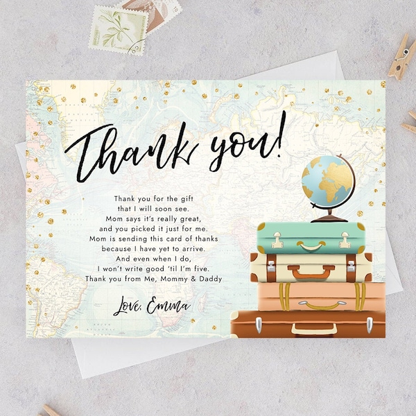 Editable Travel Thank You Card Bridal Shower Thank You Note Adventure Birthday Baby Shower Suitcases Vintage World Map Corjl Template 0263