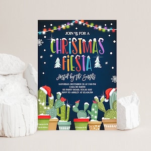 Editable Christmas Fiesta Invitation Cactus Mexican Holiday Feliz Navidad Xmas Party Santa Hat Invite Digital Printable Corjl Template 0273