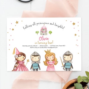 Editable Princess and Knight Birthday invitation Once Upon a Time Princess Birthday Girl Pink Castle Download Printable Template Corjl 0171