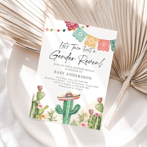 Editable Let's Taco Bout a Gender Reveal Party Invitation Cactus Mexican Fiesta He or She Boy Girl Watercolor Template Corjl Printable 0404