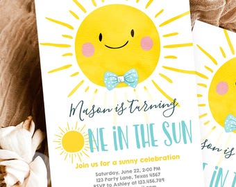 Editable One in the Sun Sunshine Birthday Invitation Summer Party First Birthday Party Boy Blue Bow Tie Download Template Printable 0141