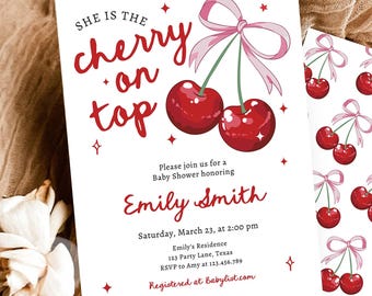 Editable Cherry Baby Shower Invitation She is The Cherry On Top Preppy Coquette Bow Berries Girl Digital Download Template Printable 0539