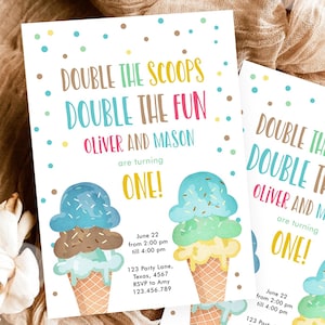 Bewerkbare Twin Ice Cream verjaardagsuitnodiging eerste verjaardag Double the Scoops Double Fun Twins Boy Blue Digital Evite sjabloon afdrukbare 0243