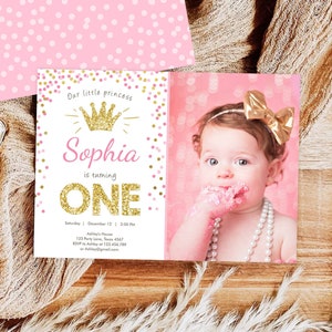 Editable Little Princess Birthday Invitation Girl Pink Gold First Birthday 1st ANY AGE Confetti Crown Download Evite Template Printable 0047