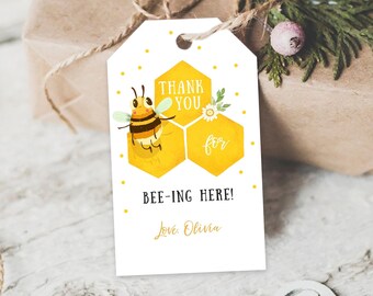 Editable Bee Favor Tags Bee Birthday Bee Baby Shower Thank you tags Thanks for Beeing Here Gender Neutral Template PRINTABLE Corjl 0317